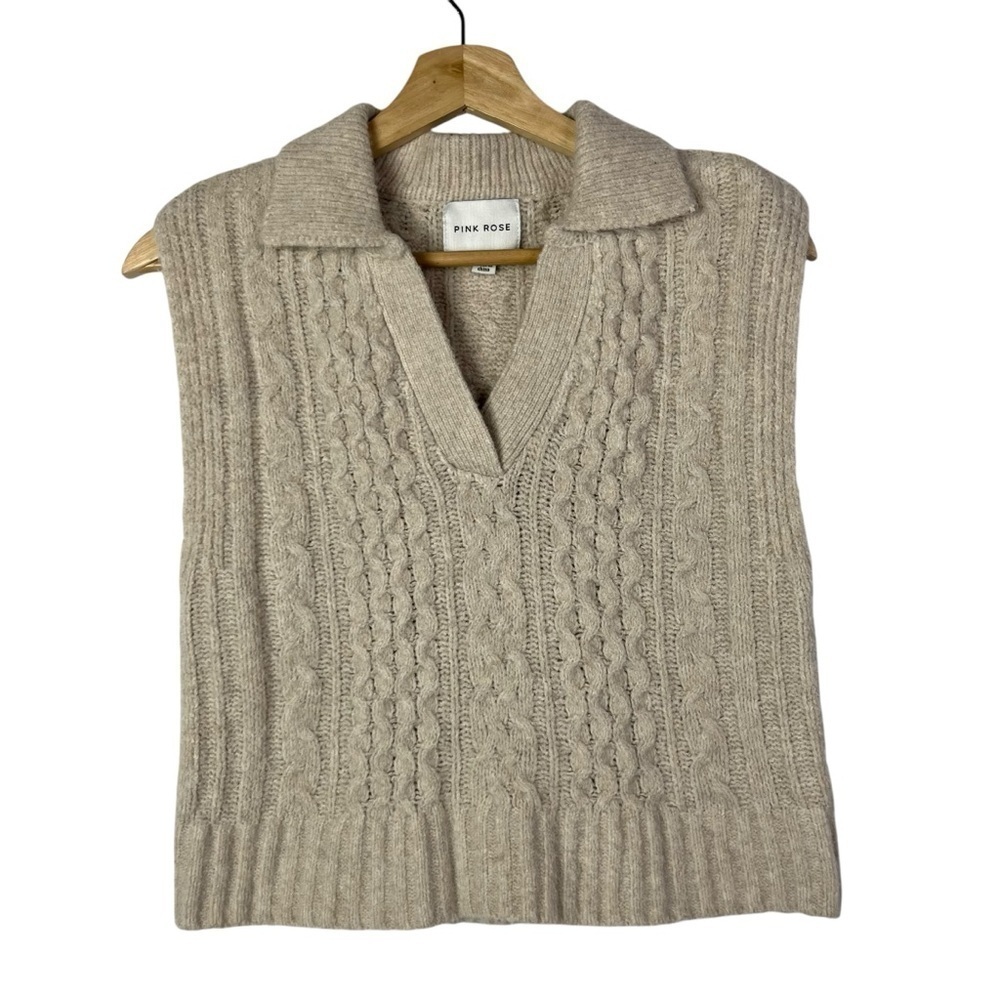 Pink‎ Rose Cream Cable Knit V-Neck Sleeveless Sweater S